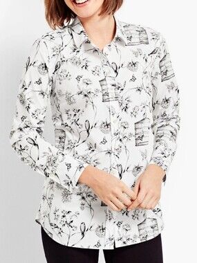 Talbots 1X Birdcage Toile Print Long Sleeve Cotton Shirt